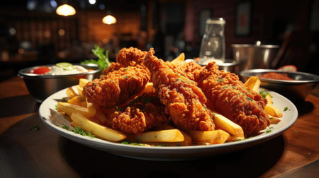 Buffalo wings with melted hot sauce on a wooden table with a blurred backgroundの素材
