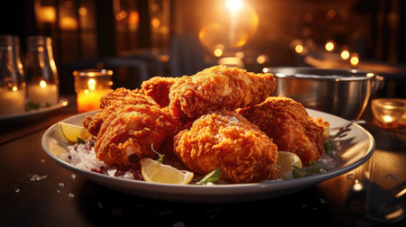 Buffalo wings with melted hot sauce on a wooden table with a blurred backgroundの素材