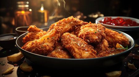 Buffalo wings with melted hot sauce on a wooden table with a blurred backgroundの素材
