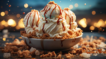 sweet ice cream of various colors and filled with fruit, cream and chocolate sprinklesの素材