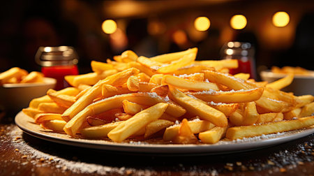 Delicious French fries, crunchy, salty, tasty, with blur backgroundの素材