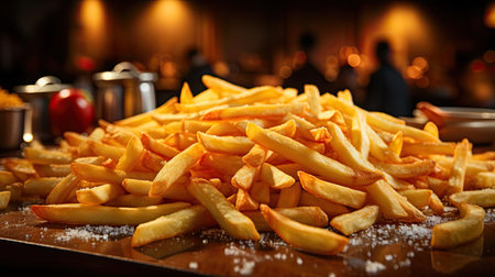 Delicious French fries, crunchy, salty, tasty, with blur backgroundの素材