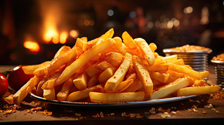 Delicious French fries, crunchy, salty, tasty, with blur backgroundの素材