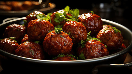 meatballs with melted tomato sauce on a bowl with a black and blur backgroundの素材