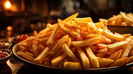 Delicious French fries, crunchy, salty, tasty, with blur backgroundの素材