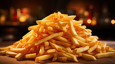 Delicious French fries, crunchy, salty, tasty, with blur backgroundの素材