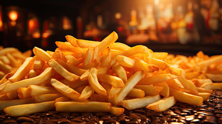 Delicious French fries, crunchy, salty, tasty, with blur backgroundの素材