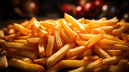 Delicious French fries, crunchy, salty, tasty, with blur backgroundの素材