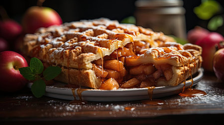 sweet apple pie with white sugar sprinkles on a wooden tray and blurred backgroundの素材