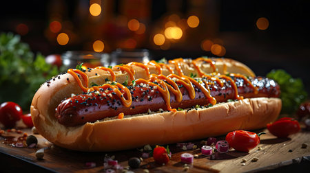 hotdog with a large sausage filled with melted mayonnaise and a sprinkling of chopped greensの素材