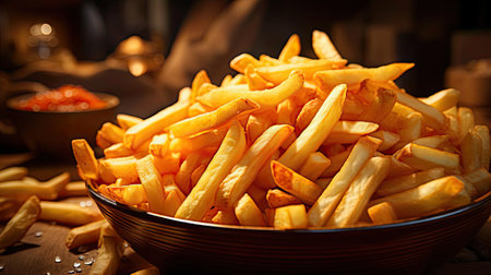 Delicious French fries, crunchy, salty, tasty, with blur backgroundの素材