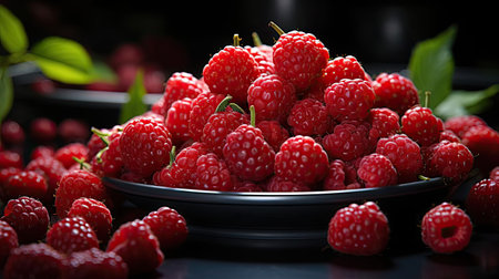 Delicious fresh raspberries on blur backgroundの素材