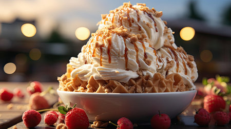 sweet ice cream of various colors and filled with fruit, cream and chocolate sprinklesの素材