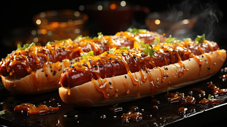 hotdog with a large sausage filled with melted mayonnaise and a sprinkling of chopped greensの素材