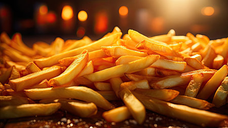 Delicious French fries, crunchy, salty, tasty, with blur backgroundの素材