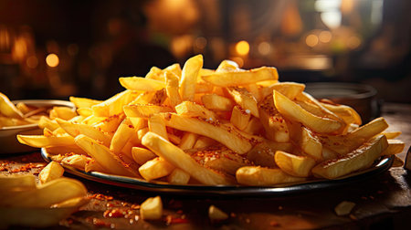 Delicious French fries, crunchy, salty, tasty, with blur backgroundの素材