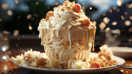 sweet ice cream of various colors and filled with fruit, cream and chocolate sprinklesの素材