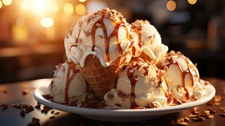 sweet ice cream of various colors and filled with fruit, cream and chocolate sprinklesの素材
