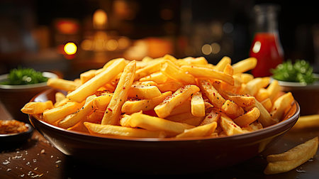 Delicious French fries, crunchy, salty, tasty, with blur backgroundの素材