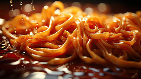 close up delicious spaghetti full of spices, black and blur backgroundの素材