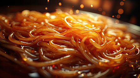 close up delicious spaghetti full of spices, black and blur backgroundの素材
