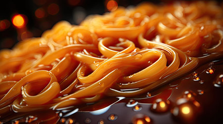close up delicious spaghetti full of spices, black and blur backgroundの素材
