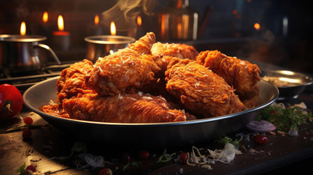 Delicious fried chicken with sweet and sour sauce on a wooden table with a blurred backgroundの素材