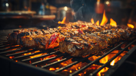 Realistic grilled barbeque with melted barbeque sauce and cut vegetables, black and blur backgroundの素材