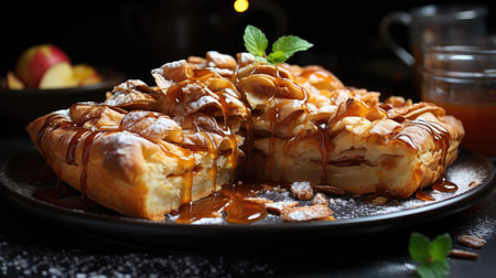 sweet apple pie with white sugar sprinkles on a wooden tray and blurred backgroundの素材