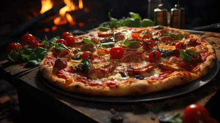 full pizza with vegetables and meat on wooden table with blur backgroundの素材