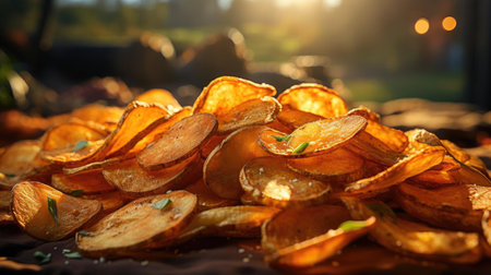 Potato Chips with a sprinkling of savory salty spices on a wooden table with a blurred backgroundの素材