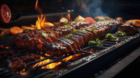 Realistic grilled barbeque with melted barbeque sauce and cut vegetables, black and blur backgroundの素材