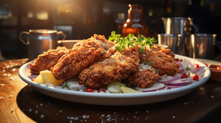 Delicious fried chicken with sweet and sour sauce on a wooden table with a blurred backgroundの素材