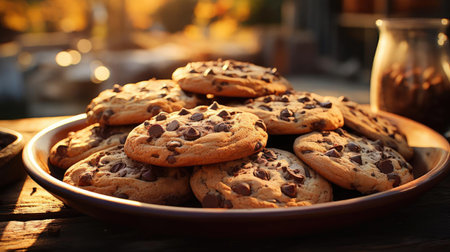 a pile of crunchy and sweet chocolate cake with a sprinkling of chocolate chips on top on a plateの素材