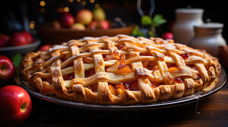 sweet apple pie with white sugar sprinkles on a wooden tray and blurred backgroundの素材
