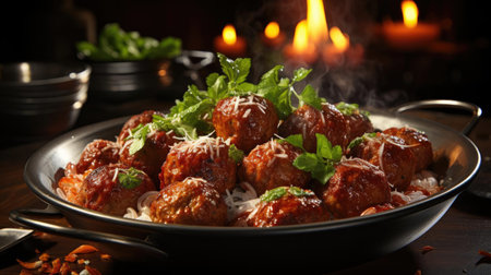 meatballs with melted tomato sauce on a bowl with a black and blur backgroundの素材