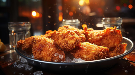 Delicious fried chicken with sweet and sour sauce on a wooden table with a blurred backgroundの素材