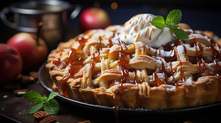 sweet apple pie with white sugar sprinkles on a wooden tray and blurred backgroundの素材