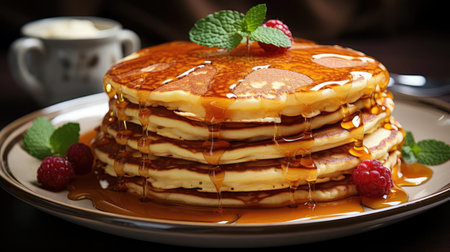Close-Up of pile of pancakes with melted sweet syrup and fruit toppings with a blurred backgroundの素材