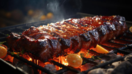 Realistic grilled barbeque with melted barbeque sauce and cut vegetables, black and blur backgroundの素材