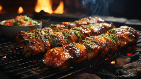 Delicious grilled yakitori with vegetable toppings, blur backgroundの素材