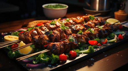 Delicious kebab full of meat and vegetables, black and blur backgroundの素材