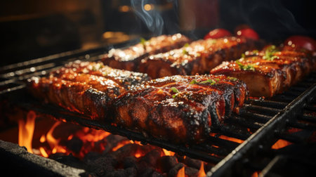 Realistic grilled barbeque with melted barbeque sauce and cut vegetables, black and blur backgroundの素材