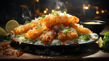 Delicious crispy tempura on a plate with blur backgroundの素材