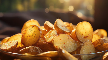 Potato Chips with a sprinkling of savory salty spices on a wooden table with a blurred backgroundの素材