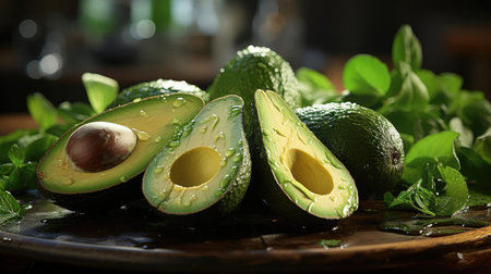 side view of sweet green avocado slicesの素材