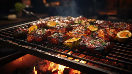 Realistic grilled barbeque with melted barbeque sauce and cut vegetables, black and blur backgroundの素材