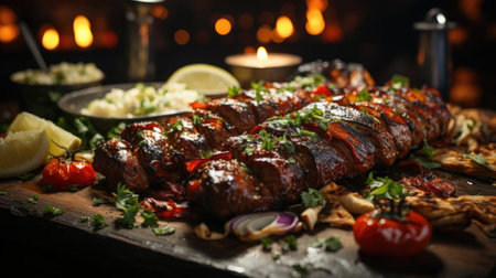 Delicious kebab full of meat and vegetables, black and blur backgroundの素材