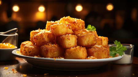 Crispy tater tots with savory salty spices with black and blur backgroundの素材