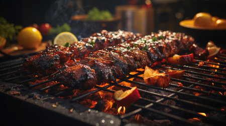 Realistic grilled barbeque with melted barbeque sauce and cut vegetables, black and blur backgroundの素材